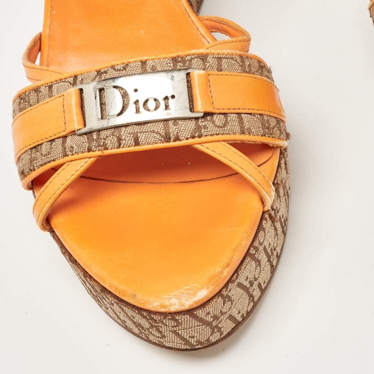 Pre Owned Dior Orange Leather and Canvas Diorissimo Wedge Sandals Size 39