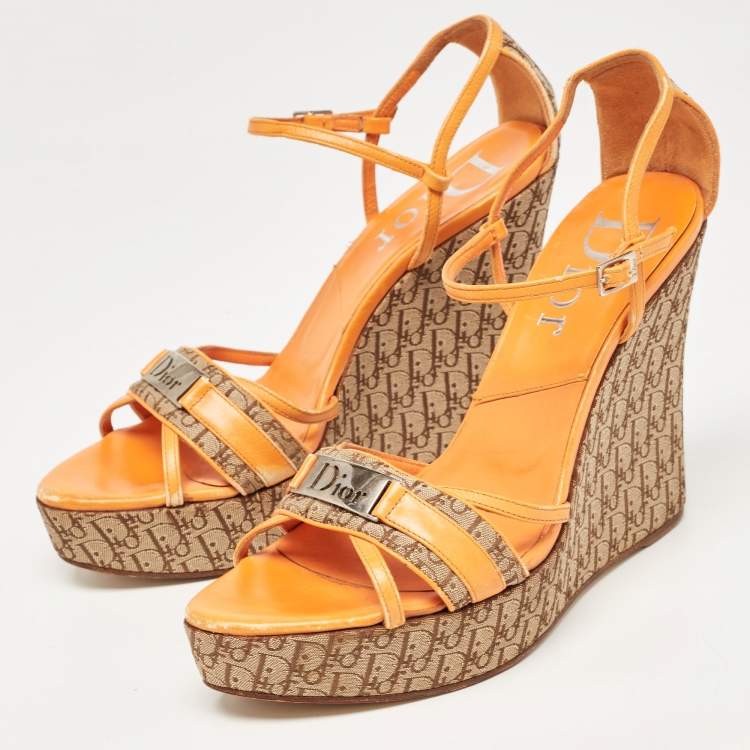 Pre Owned Dior Orange Leather and Canvas Diorissimo Wedge Sandals Size 39