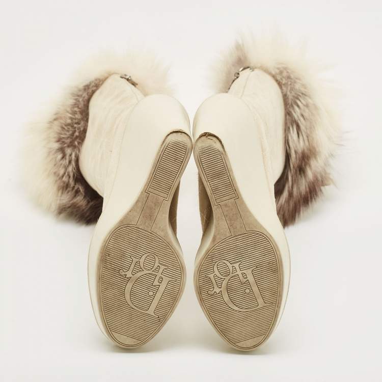 Pre Owned Dior Grey Suede Cannage Suede and Fox Fur Trim Knee High Wedge Boots Size 35.5