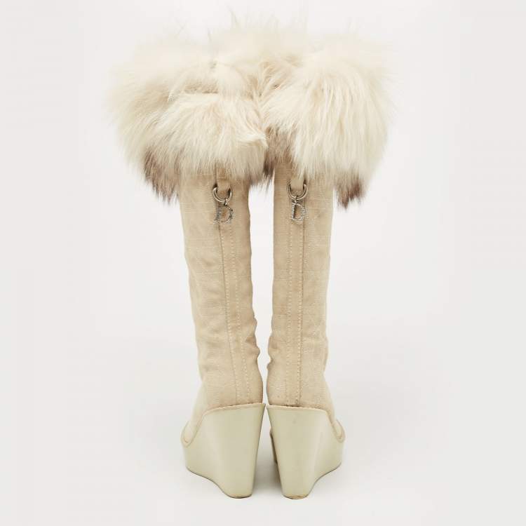 Pre Owned Dior Grey Suede Cannage Suede and Fox Fur Trim Knee High Wedge Boots Size 35.5