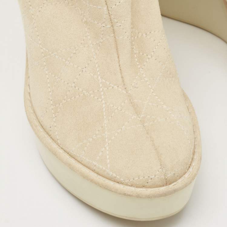 Pre Owned Dior Grey Suede Cannage Suede and Fox Fur Trim Knee High Wedge Boots Size 35.5