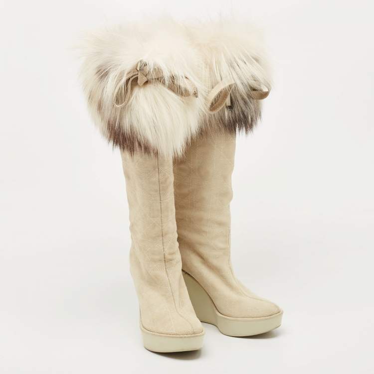 Pre Owned Dior Grey Suede Cannage Suede and Fox Fur Trim Knee High Wedge Boots Size 35.5
