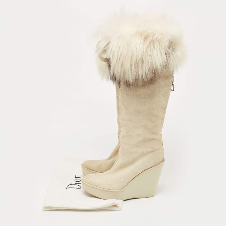 Pre Owned Dior Grey Suede Cannage Suede and Fox Fur Trim Knee High Wedge Boots Size 35.5