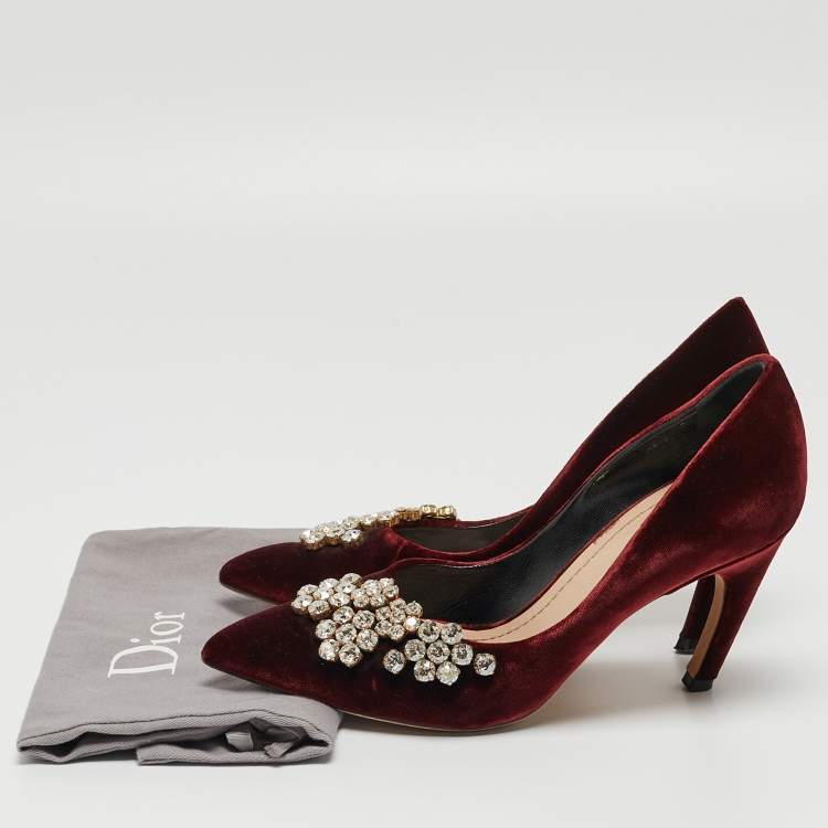 Pre Owned Dior Burgundy Velvet Crystal Embellished Pumps Size 36