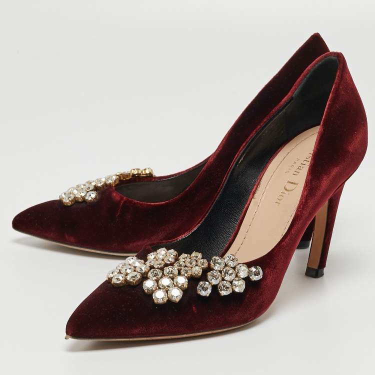 Pre Owned Dior Burgundy Velvet Crystal Embellished Pumps Size 36