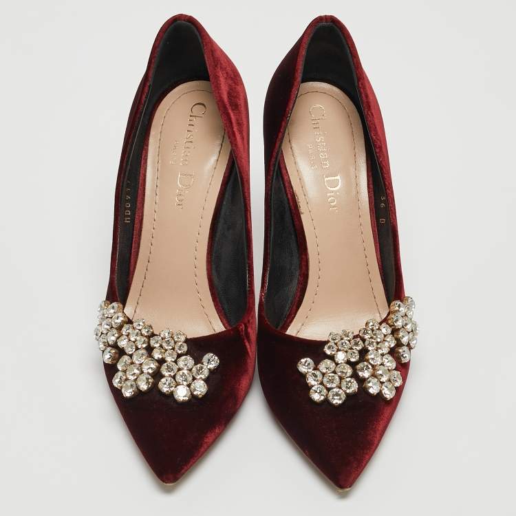 Pre Owned Dior Burgundy Velvet Crystal Embellished Pumps Size 36