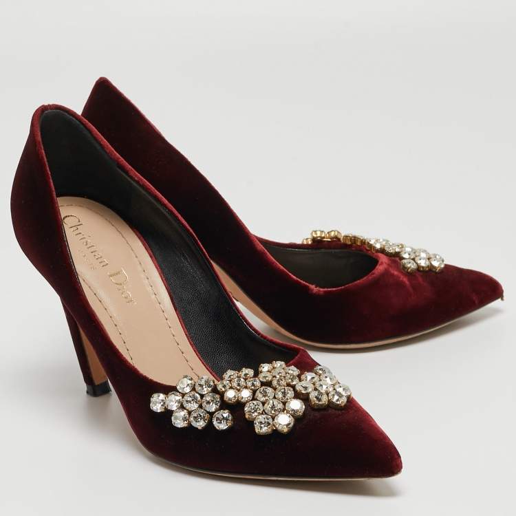Pre Owned Dior Burgundy Velvet Crystal Embellished Pumps Size 36