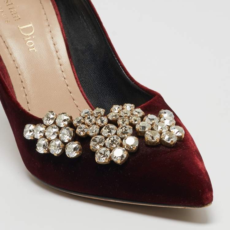 Pre Owned Dior Burgundy Velvet Crystal Embellished Pumps Size 36