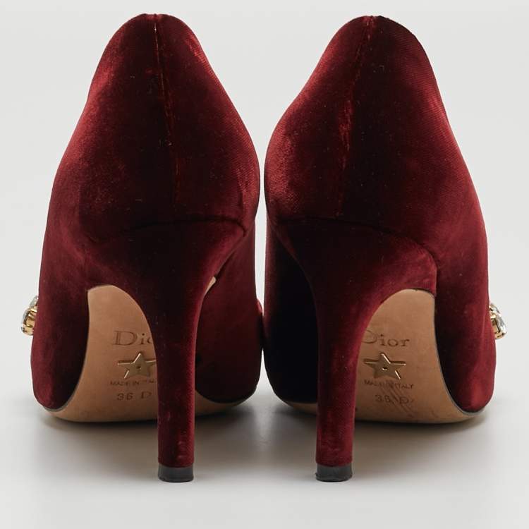 Pre Owned Dior Burgundy Velvet Crystal Embellished Pumps Size 36