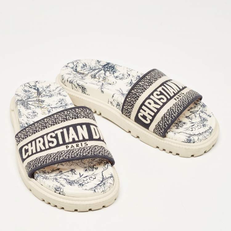 Pre Owned Dior Navy Blue/White Logo Embroidered Canvas Toile De Jouy Dway Slides Size 37.5