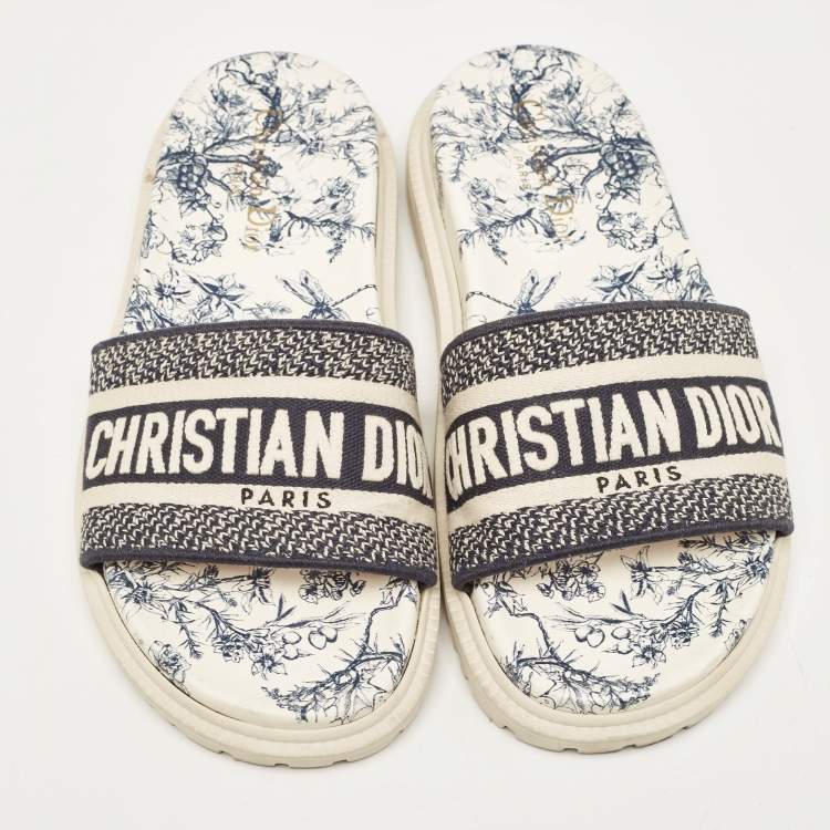 Pre Owned Dior Navy Blue/White Logo Embroidered Canvas Toile De Jouy Dway Slides Size 37.5