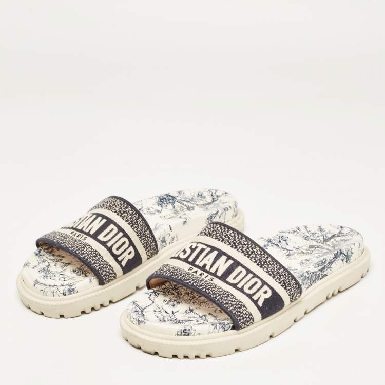 Pre Owned Dior Navy Blue/White Logo Embroidered Canvas Toile De Jouy Dway Slides Size 37.5