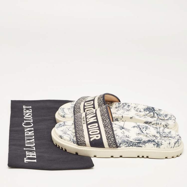 Pre Owned Dior Navy Blue/White Logo Embroidered Canvas Toile De Jouy Dway Slides Size 37.5