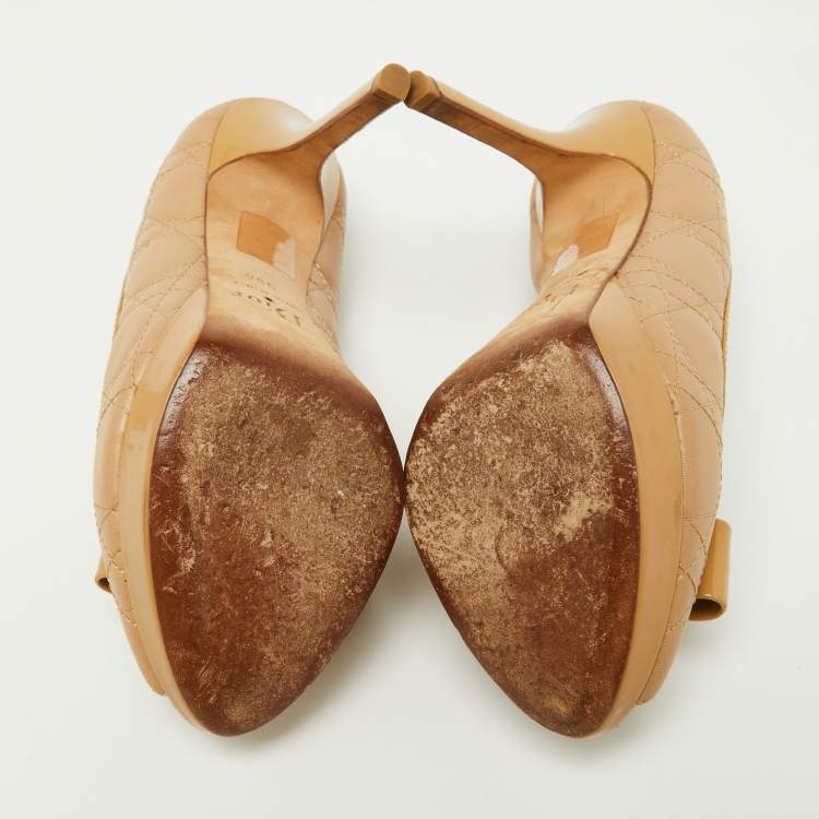 Pre Owned Dior Beige Cannage Leather and Patent Bow Peep Toe Platform Pumps Size 38.5