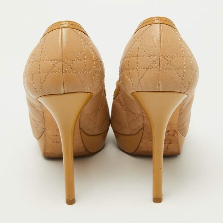 Pre Owned Dior Beige Cannage Leather and Patent Bow Peep Toe Platform Pumps Size 38.5
