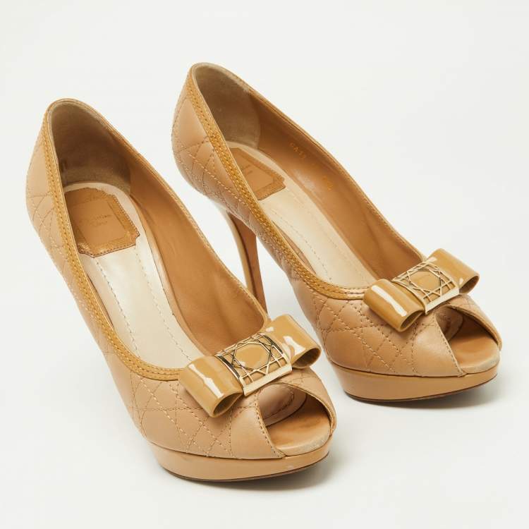 Pre Owned Dior Beige Cannage Leather and Patent Bow Peep Toe Platform Pumps Size 38.5