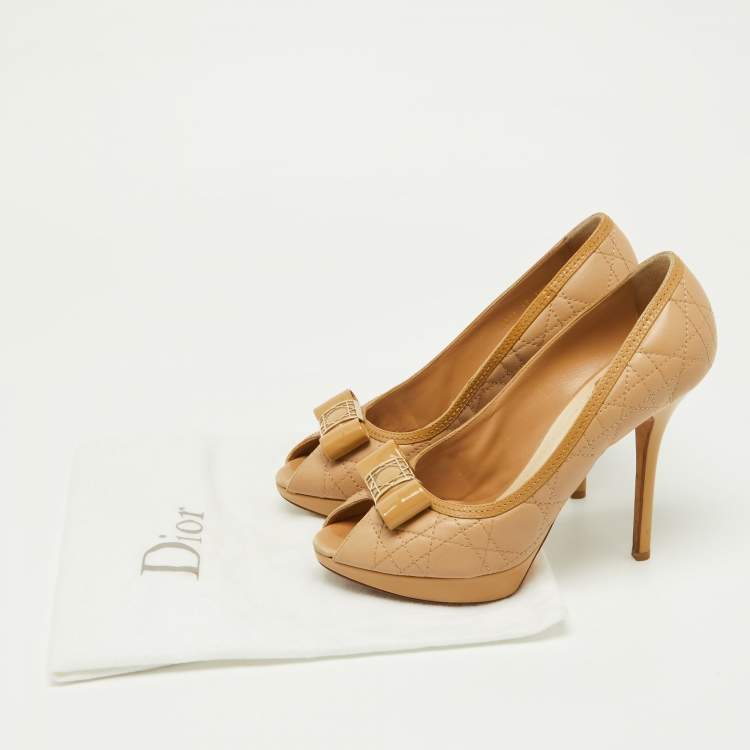 Pre Owned Dior Beige Cannage Leather and Patent Bow Peep Toe Platform Pumps Size 38.5