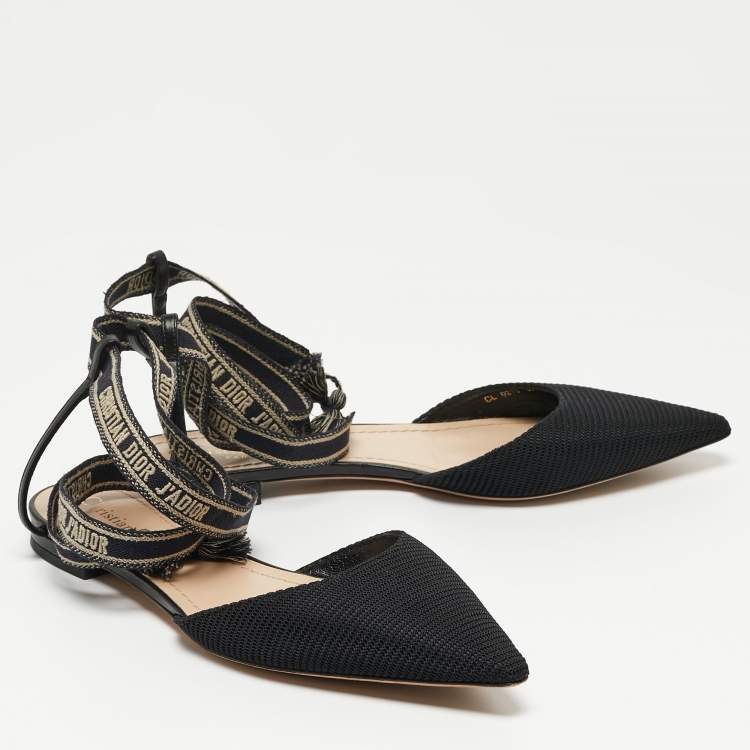 مملوكة مسبقًا Dior Black Technical Fabric J'Adior Ankle Wrap Flats Size 37.5