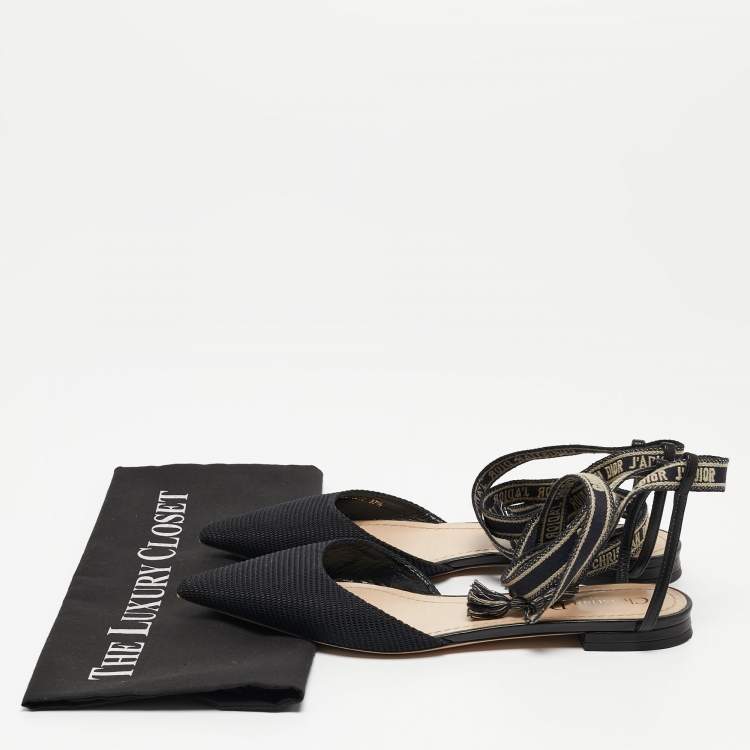 مملوكة مسبقًا Dior Black Technical Fabric J'Adior Ankle Wrap Flats Size 37.5