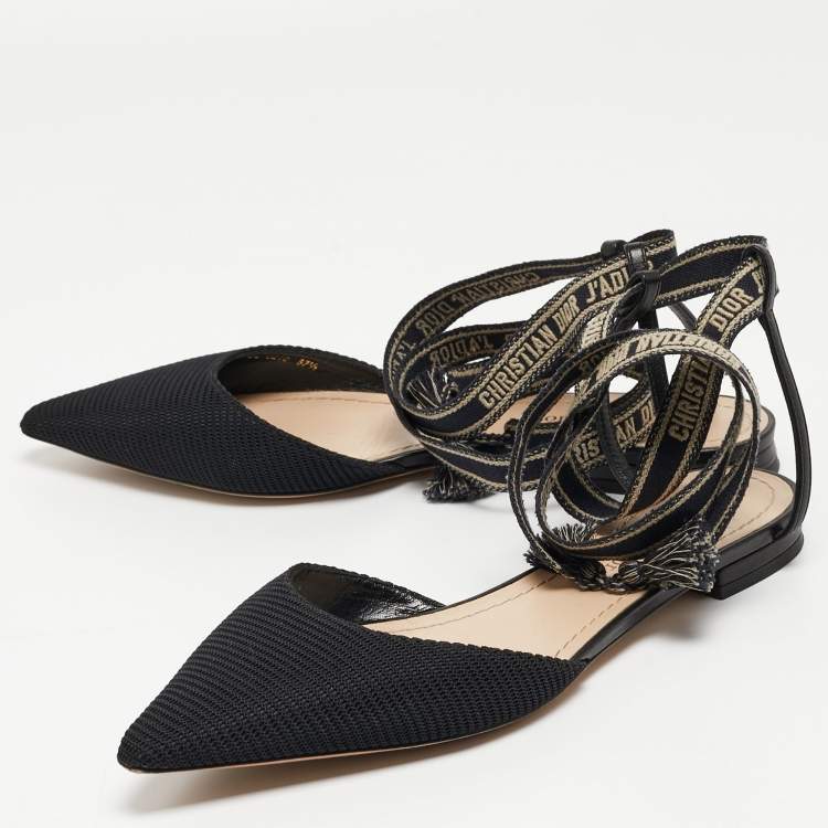 مملوكة مسبقًا Dior Black Technical Fabric J'Adior Ankle Wrap Flats Size 37.5