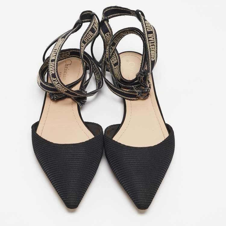 مملوكة مسبقًا Dior Black Technical Fabric J'Adior Ankle Wrap Flats Size 37.5