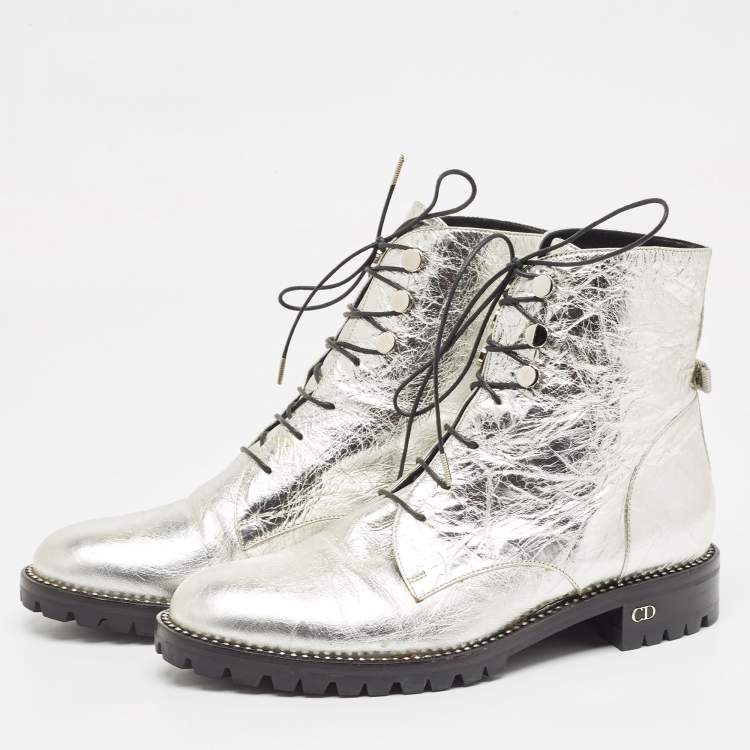 Pre Owned Dior Silver Leather Ranger Boots Size 37.5