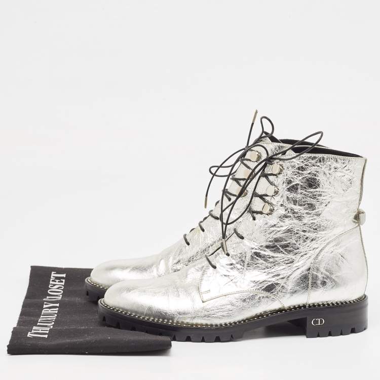Pre Owned Dior Silver Leather Ranger Boots Size 37.5