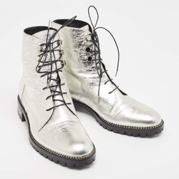 Pre Owned Dior Silver Leather Ranger Boots Size 37.5