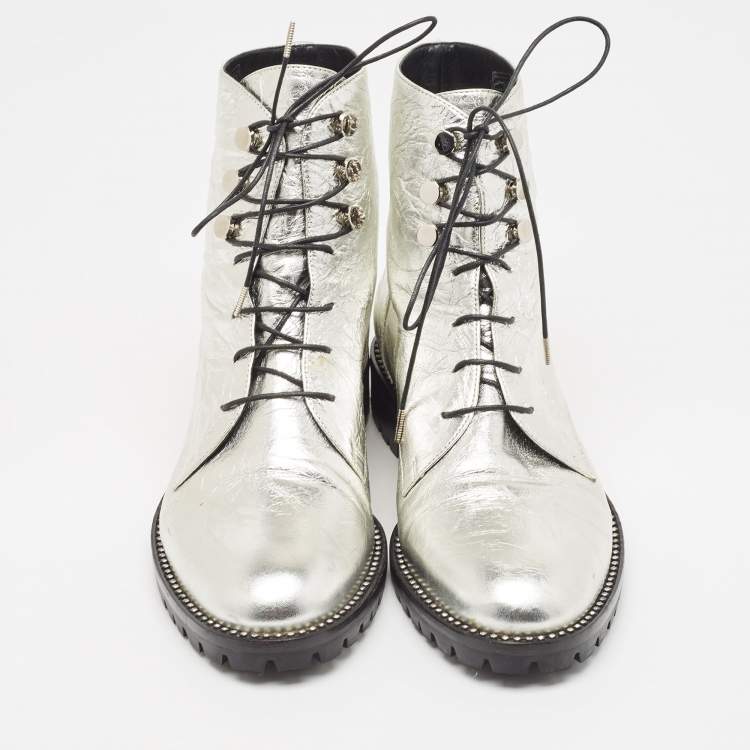 Pre Owned Dior Silver Leather Ranger Boots Size 37.5