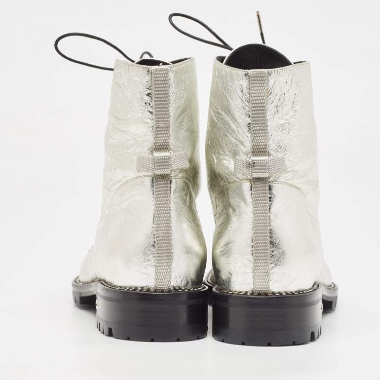 Pre Owned Dior Silver Leather Ranger Boots Size 37.5