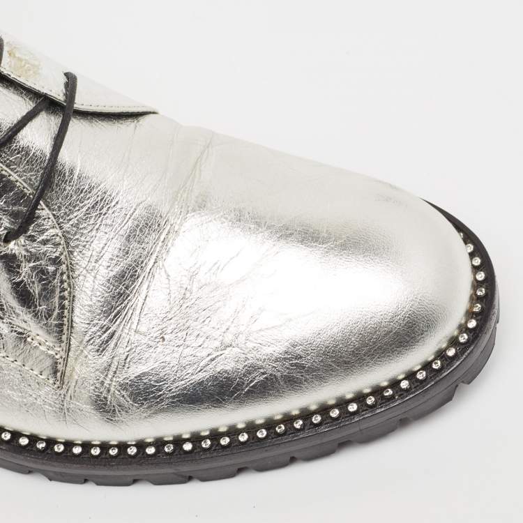 Pre Owned Dior Silver Leather Ranger Boots Size 37.5