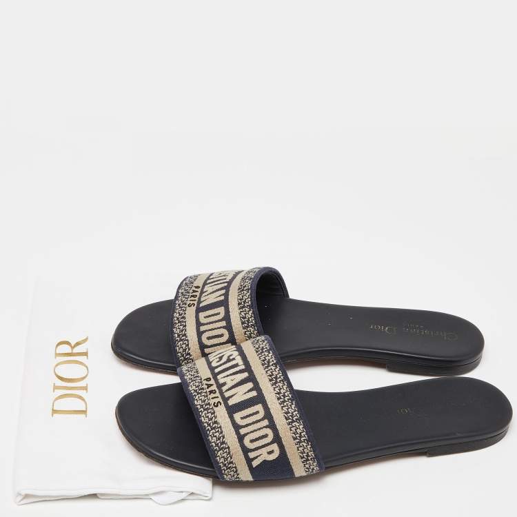 Pre Owned Dior Blue/White Embroidered Canvas Dway Flats Slides Size 40