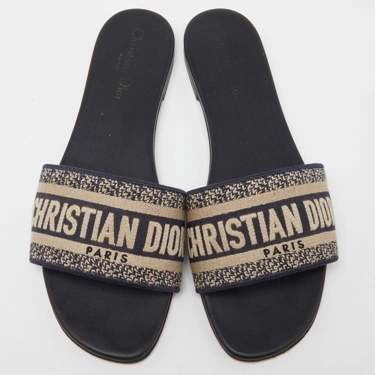 Pre Owned Dior Blue/White Embroidered Canvas Dway Flats Slides Size 40