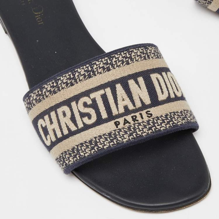 Pre Owned Dior Blue/White Embroidered Canvas Dway Flats Slides Size 40