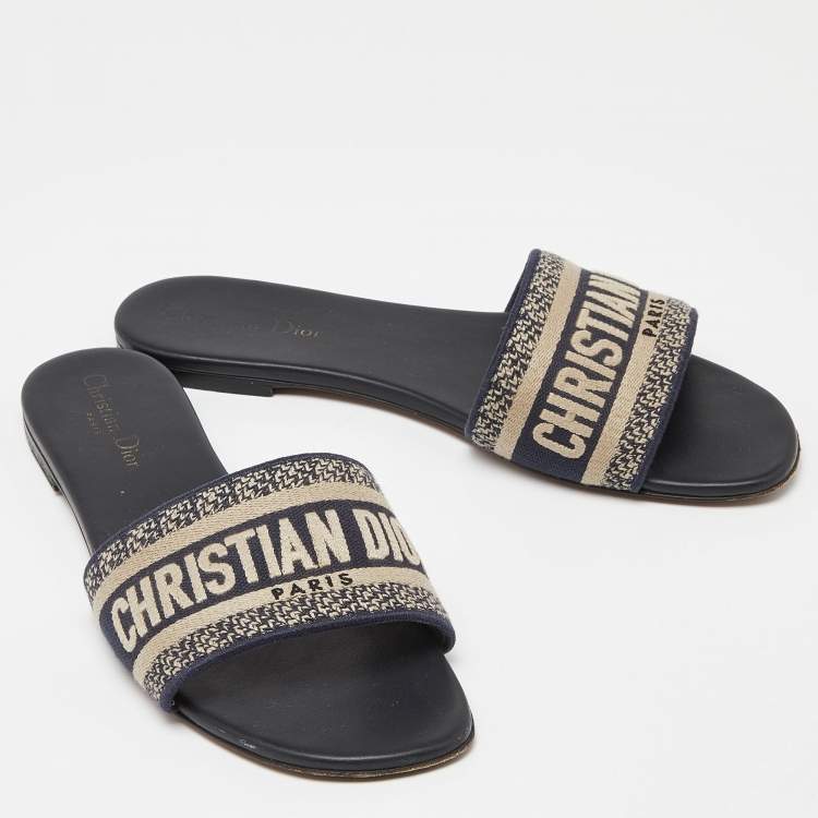 Pre Owned Dior Blue/White Embroidered Canvas Dway Flats Slides Size 40
