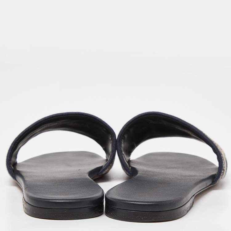 Pre Owned Dior Blue/White Embroidered Canvas Dway Flats Slides Size 40