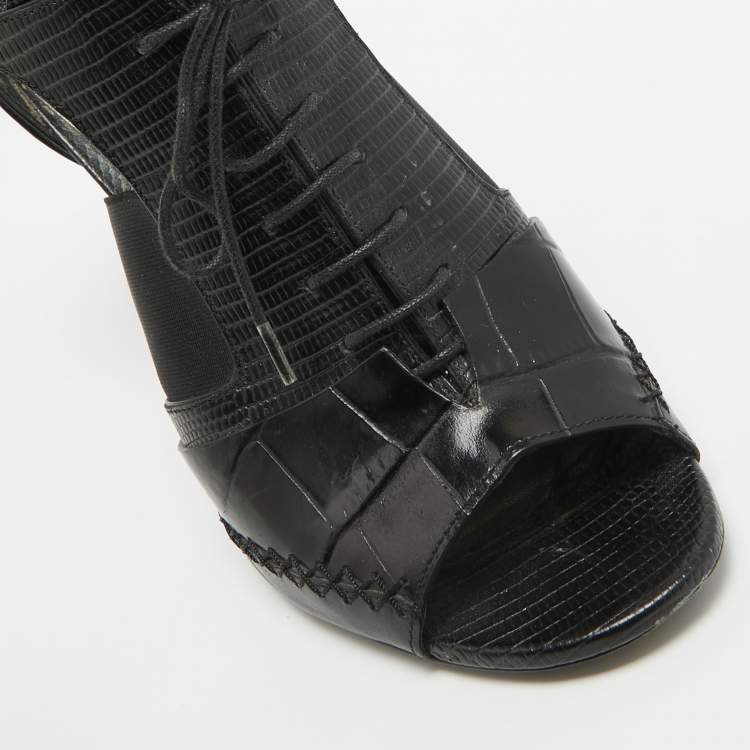Pre Owned Dior Black Leather and Lizard Embossed Booties Size 38.5   