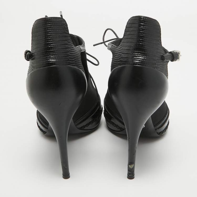 Pre Owned Dior Black Leather and Lizard Embossed Booties Size 38.5   
