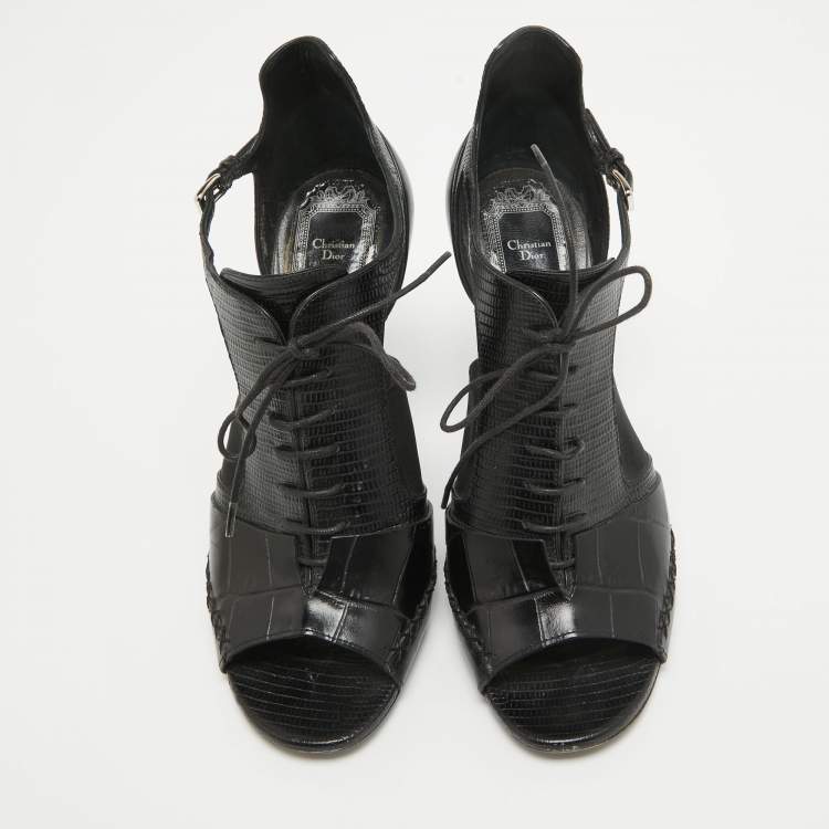 Pre Owned Dior Black Leather and Lizard Embossed Booties Size 38.5   
