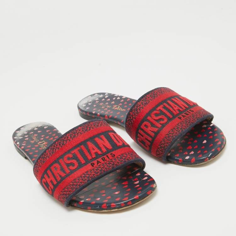 Pre Owned Dior Red/Blue Pop Heart I Love Paris Embroidered Canvas Dway Flat Slides Size 37