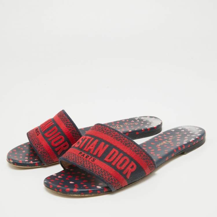 Pre Owned Dior Red/Blue Pop Heart I Love Paris Embroidered Canvas Dway Flat Slides Size 37