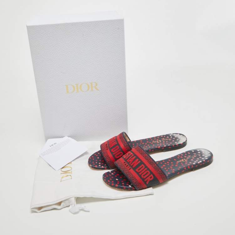 Pre Owned Dior Red/Blue Pop Heart I Love Paris Embroidered Canvas Dway Flat Slides Size 37