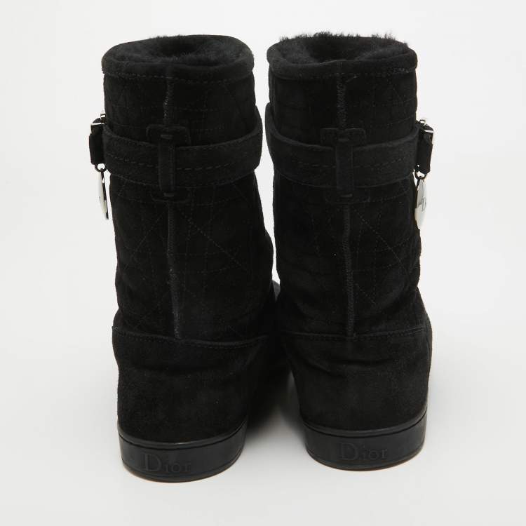 Pre Owned Dior Black Cannage Suede Fur Lined Snow Boots Size 37