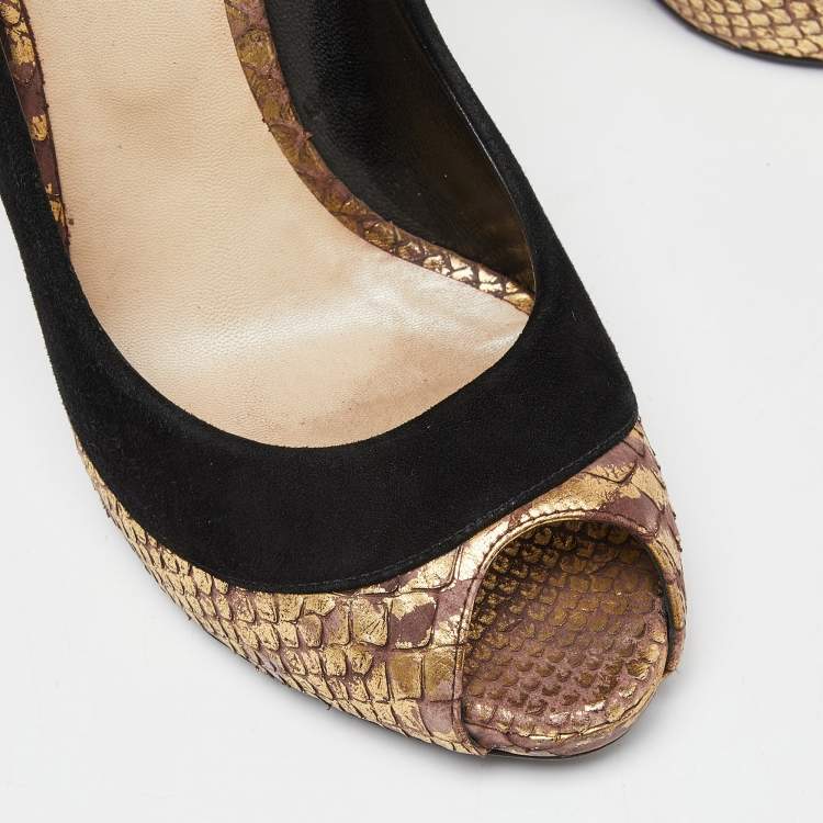 Pre Owned Dior Tri Color Suede and Python Peep Toe Pumps Size 38