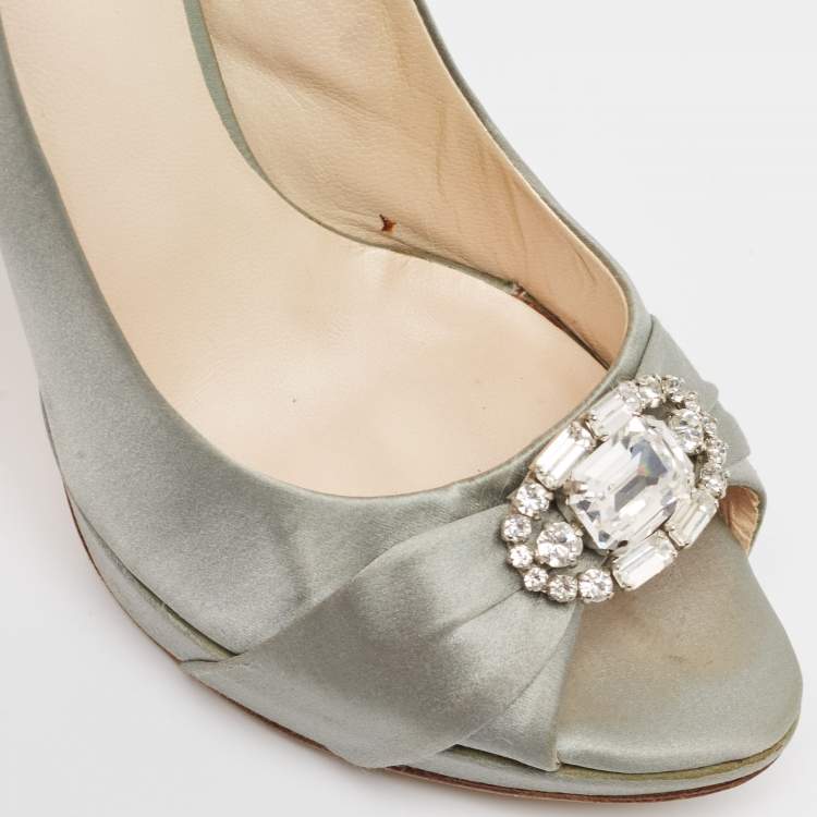 Pre Owned Dior Grey Satin Crystal Embellished Peep Toe Pumps Size 37