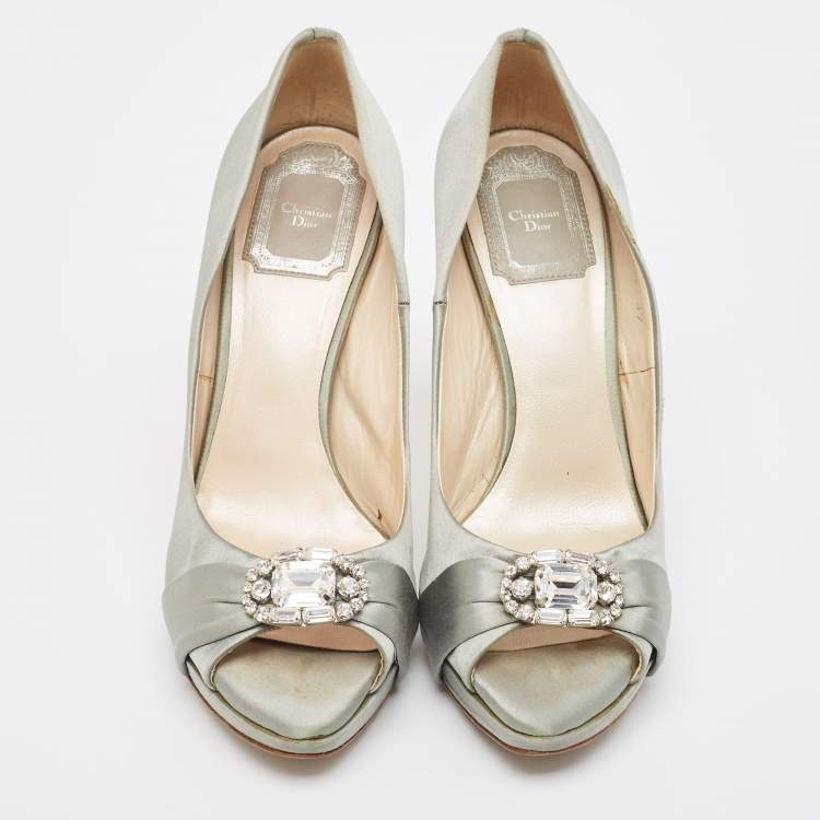 Pre Owned Dior Grey Satin Crystal Embellished Peep Toe Pumps Size 37