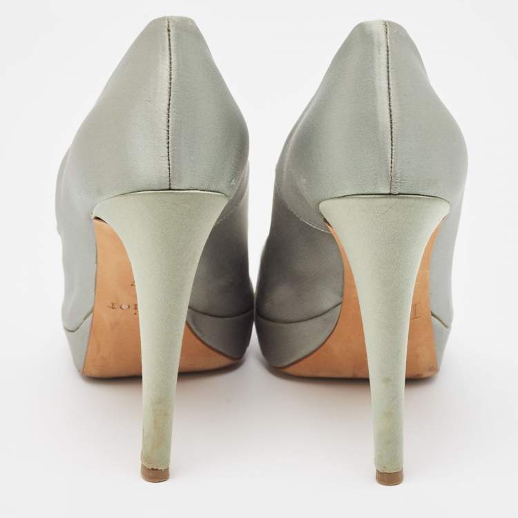 Pre Owned Dior Grey Satin Crystal Embellished Peep Toe Pumps Size 37