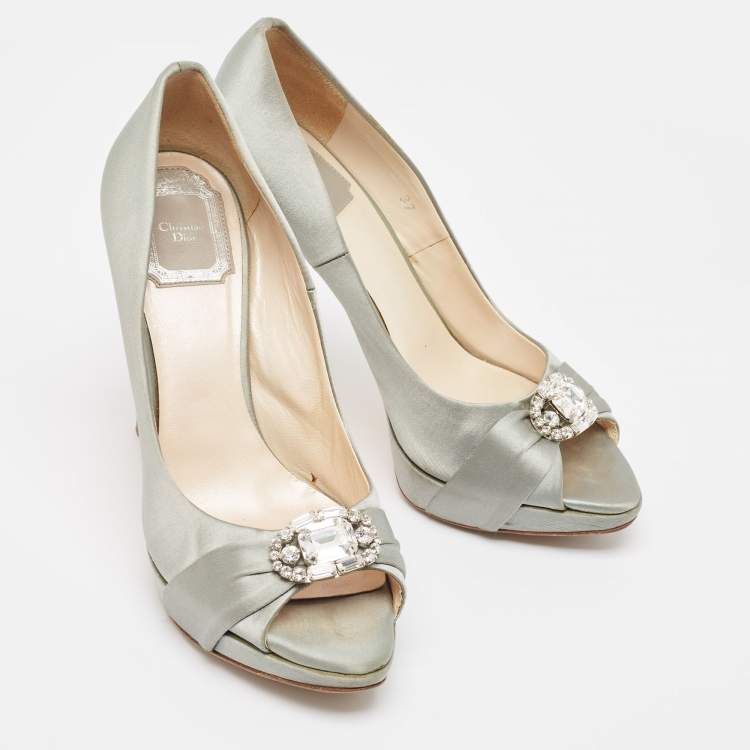 Pre Owned Dior Grey Satin Crystal Embellished Peep Toe Pumps Size 37