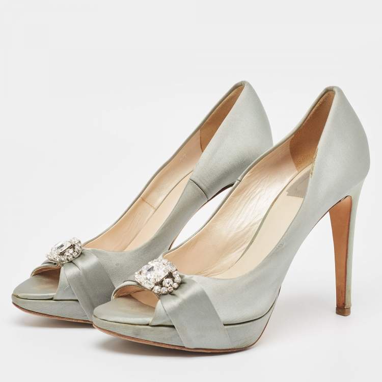 Pre Owned Dior Grey Satin Crystal Embellished Peep Toe Pumps Size 37