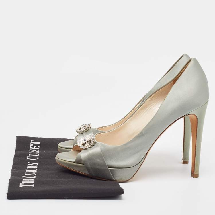 Pre Owned Dior Grey Satin Crystal Embellished Peep Toe Pumps Size 37